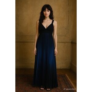 VTG Y2K Cache‎ Dress Size 12 Black Blue Ombre Pleated Maxi Formal Whimsigoth